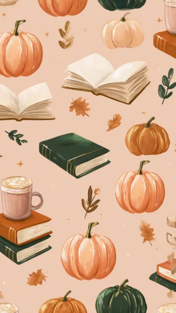 An elegant preppy Fall tile for iPhone showcasing repeating patterns of pumpkins, books, and lattes.