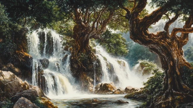 An enchanted Japan waterfall cascading gently through a forest thick with ancient trees.