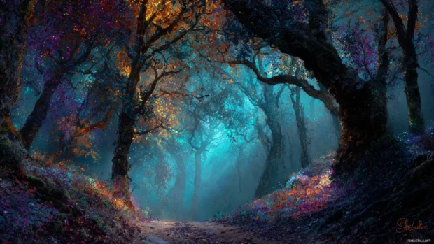 An enchanted forest during Dark Fall, glowing leaves on tall shadowy trees, mysterious paths bathed in soft light.