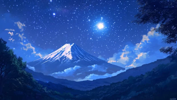 An enchanting night scene where Mount Fuji rises under a sky filled with twinkling stars and the Milky Way.
