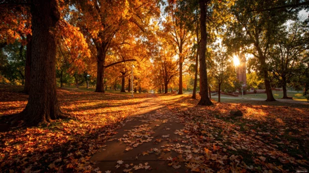 An enchanting park glowing in the warm hues of Beautiful Fall, leaves gently drifting in the crisp air.