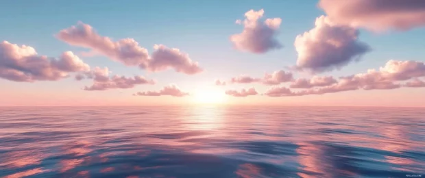 An endless ocean horizon with soft clouds glowing in sunset tones at 3440x1440 resolution.