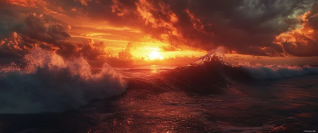 An epic ocean wave crashing under a fiery sunset in stunning 3440x1440 ultra wide detail.