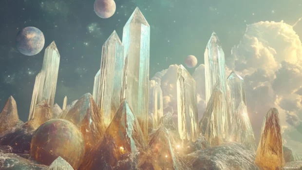 An ethereal alien landscape blends massive crystal spires with an endless sky scattered with distant planets.