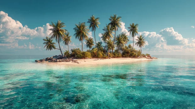 An exotic island filled with lush Palm trees surrounded by sparkling blue ocean.