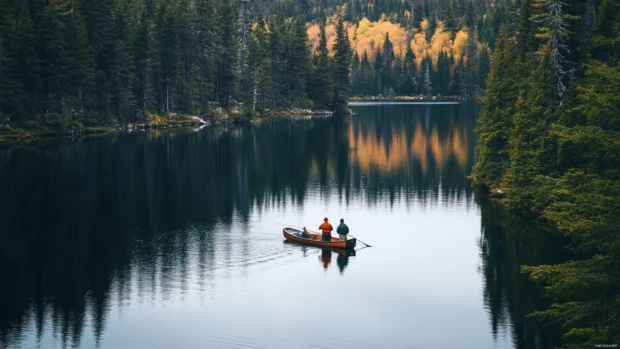 An expansive lake surrounded by pine trees with two friends fishing in a small boat.