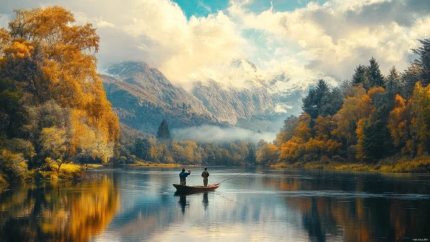 An expansive river scene showing two people fly fishing in harmony.