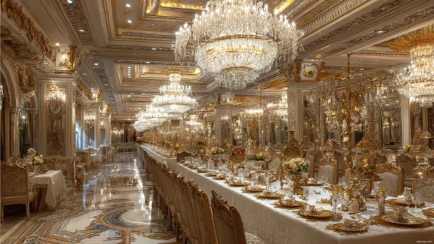 An extravagant Luxury dining hall with crystal chandeliers and golden table settings.