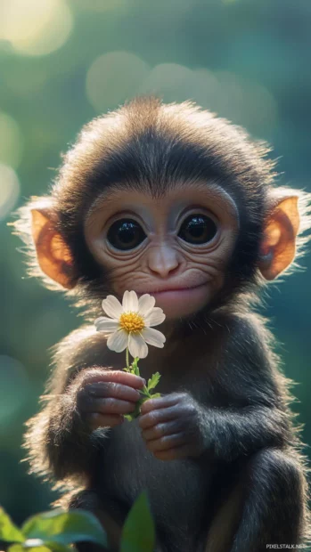 An iPhone Cute Monkey Wallpaper with baby monkey holding a tiny flower surrounded by gentle summer tones.