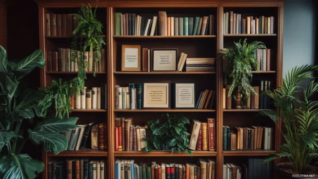 An inspiring bookshelf wallpaper with quotes framed and placed among the books, motivating the viewer.