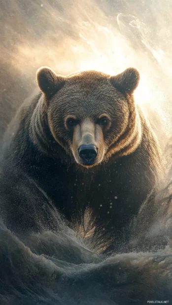 An intense bear gaze framed by swirling mists and glowing morning light.