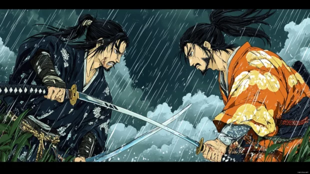 An intense standoff between two rival Japanese samurai under stormy skies.