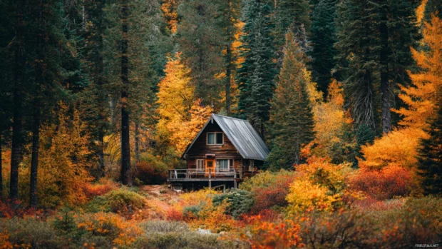 An inviting cabin nestled among trees glowing with fall colors, perfect for a warm and cozy Macbook wallpaper.