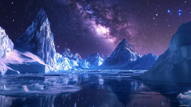 An isolated arctic landscape shimmers with icy blues while the Milky Way casts a cosmic glow across the frozen expanse.