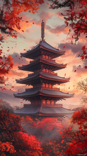 An old Japan pagoda standing gracefully amid fiery autumn leaves under a pastel evening sky.