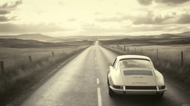 An old black and white style photo of a vintage Porsche driving down an empty countryside road.