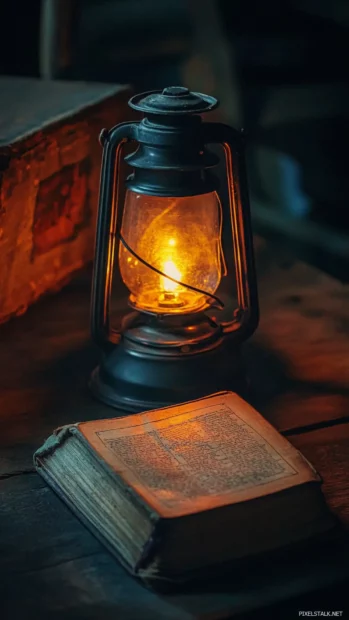 An old book beside a flickering lantern captured for an antique book iPhone style.