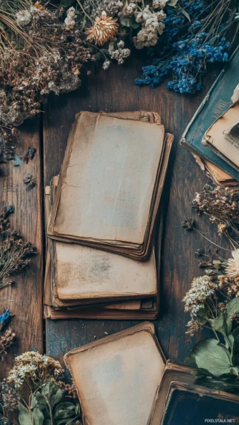 An old wooden table scattered with dried flowers and paperback novels in a romantic book iPhone wallpaper vintage theme.