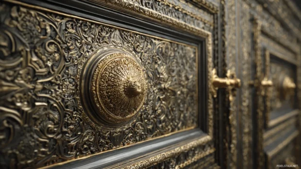 An opulent Luxury metal door with carved patterns, deep shadows and golden highlights.