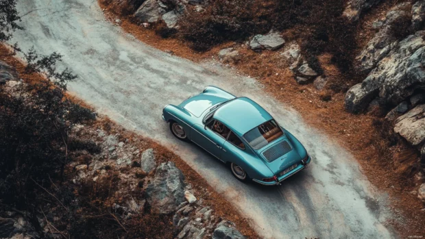 An overhead shot of a vintage Porsche winding along a mountain pass with retro tones.