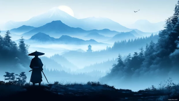 Ancient Japanese Samurai in misty mountain backdrop.