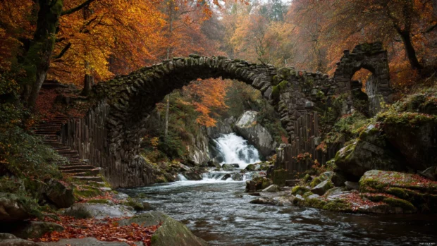 Ancient stone bridge crossing in front of a roaring Waterfall surrounded by autumn leaves.