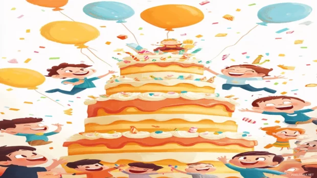 Animated characters jump and cheer around a big cake in this cartoon style birthday illustration.