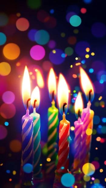 Animated style birthday wallpaper with colorful candles and sparkles.