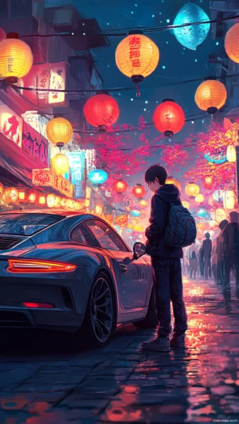 Anime character leaning casually on a Porsche under colorful festival lanterns.