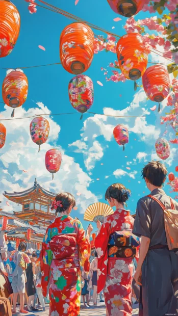 Anime characters enjoying a Japanese festival with colorful yukata and paper fans.