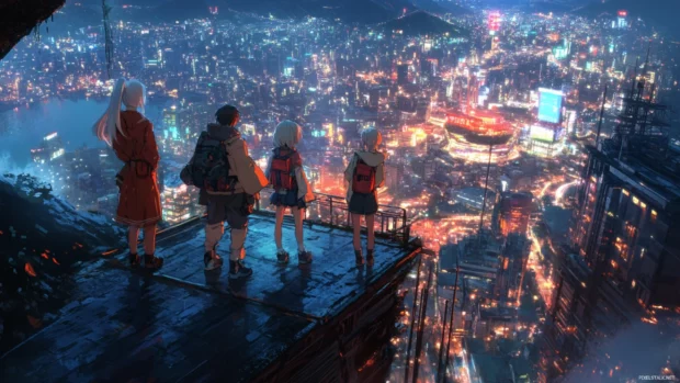 Anime characters standing on a Japanese mountain viewpoint overlooking the city lights at night.