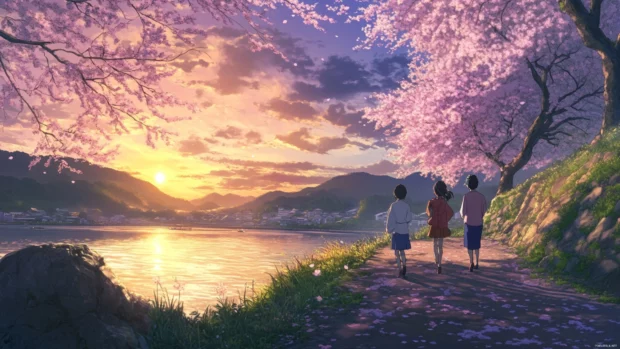Anime characters walking along a Japanese riverbank during a serene spring sunset.