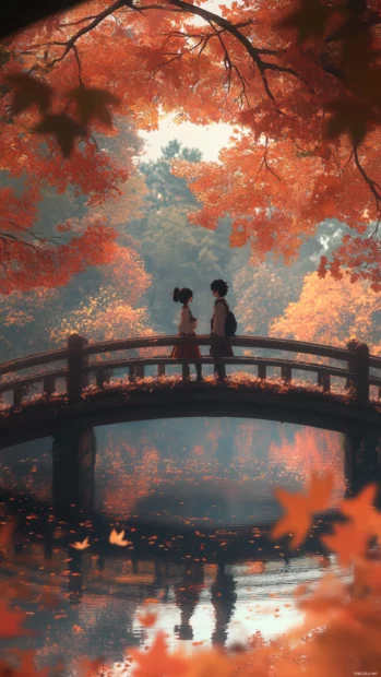 Anime friends sharing a quiet moment on a Japanese bridge surrounded by autumn leaves.