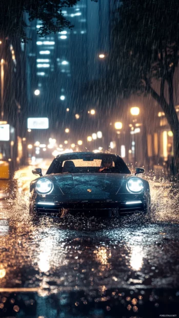 Anime rain splashing dramatically as a Porsche drives through puddles under streetlights.