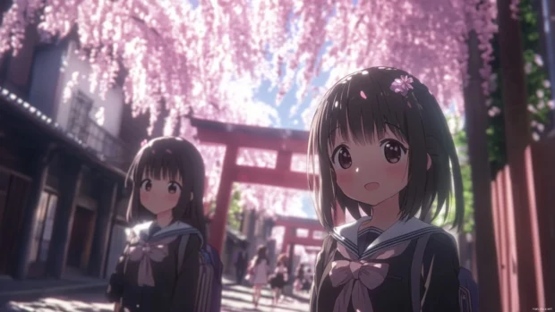 Anime schoolgirls in Japanese uniforms standing under cherry blossom arches on a peaceful street.