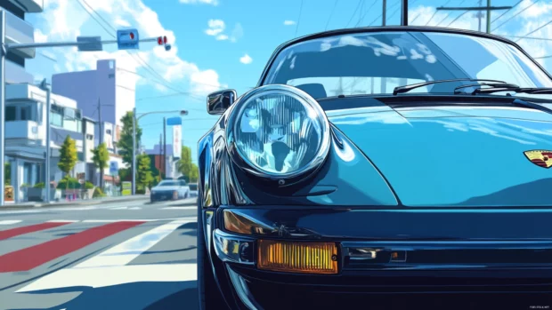 Anime skyline reflecting in the shiny Porsche hood as it waits at a traffic light.