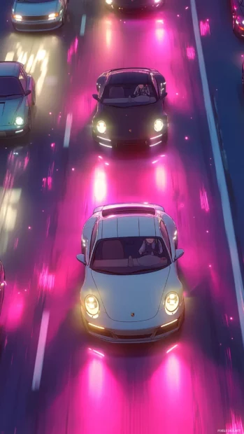 Anime street racing scene where Porsche weaves between glowing traffic.