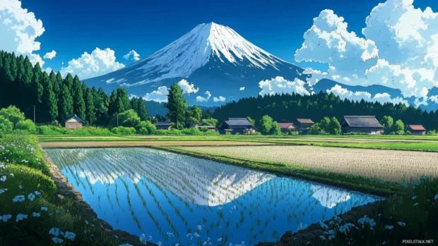 Anime wallpaper of Japanese countryside with rice fields and mountains.