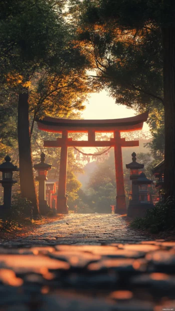 Anime wallpaper of Japanese mountain shrine at sunrise.