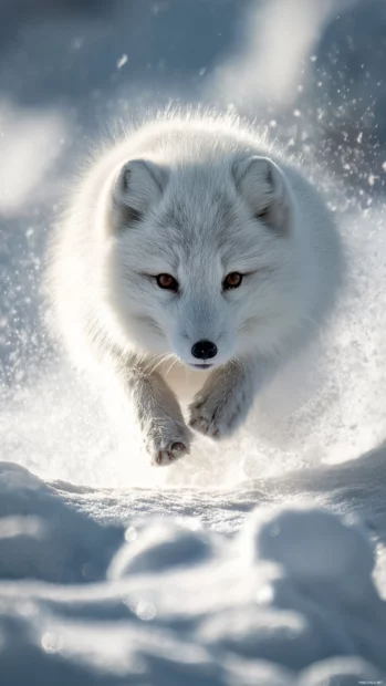 Arctic Fox bounding upward in deep snow captured from a low angle, energetic moment and winter brightness.