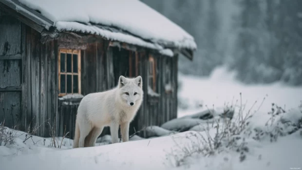Arctic Fox exploring abandoned snowy cabins in the wilderness, nostalgic and cinematic mood.