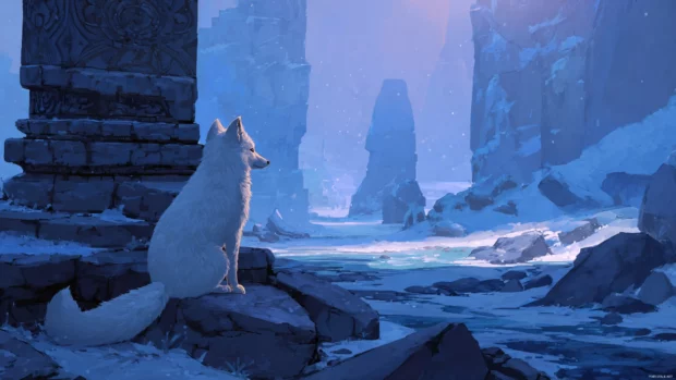 Arctic Fox gazing into the distance while sitting near ancient icy ruins, quiet wonder and ancient mystery.