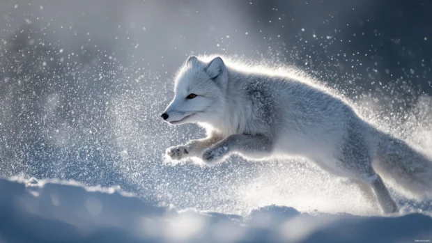 Arctic Fox leaping through snowdrifts in mid motion, dynamic pose captured with flying powder and sharp focus.