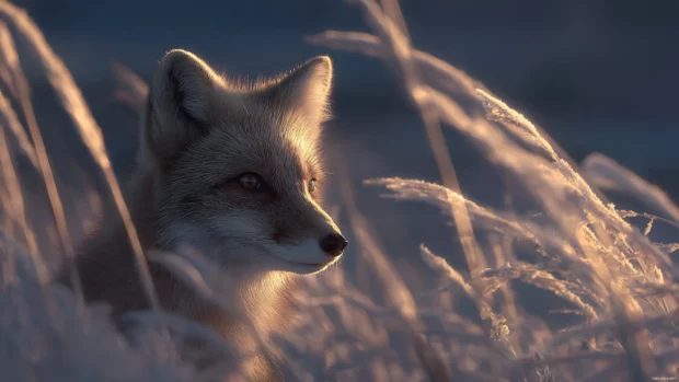 Arctic Fox nestled between tall frosted grass blades, soft golden hour lighting and delicate composition.