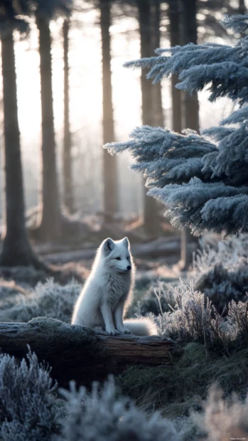 Arctic Fox sitting on a log surrounded by frost covered pine trees, soft winter light, quiet woodland charm.