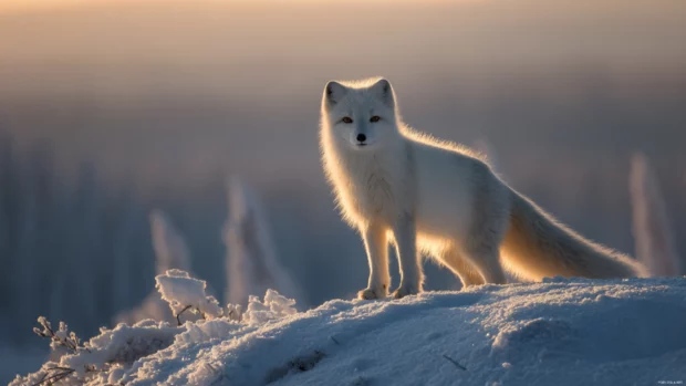 Arctic Fox standing proudly atop a frosted hill at dawn, sunrise casting golden light on untouched snow.
