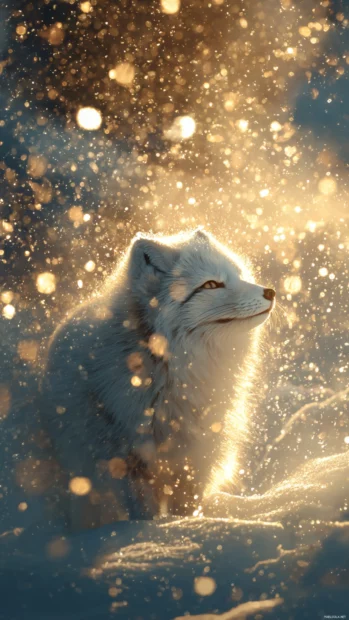 Arctic Fox surrounded by floating snowflakes caught in golden light, magical winter atmosphere.