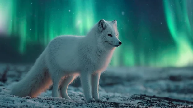 Arctic fox 4k wallpaper showing a majestic fox standing on frozen tundra under dramatic northern lights.
