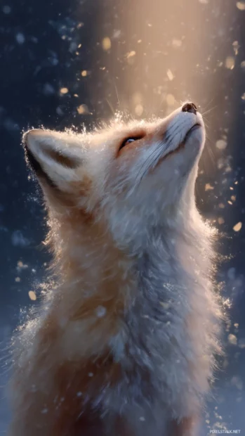 Arctic fox background for phone where a fox looks skyward as snow swirls around in a glowing light beam.