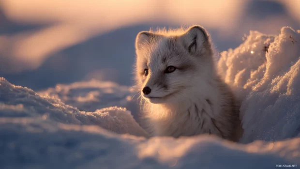Arctic fox desktop wallpaper illustrating a baby arctic fox nestled in snowy drift with warm sunrise glow.
